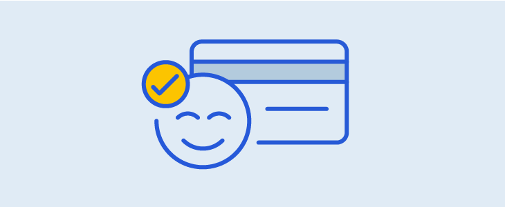Smiley face with a checkmark and a credit card, showing a successful payment.