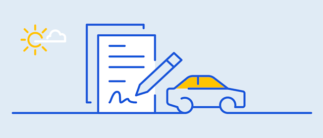 An illustration representing car loan refinancing, featuring a contract, a pen, and a car.