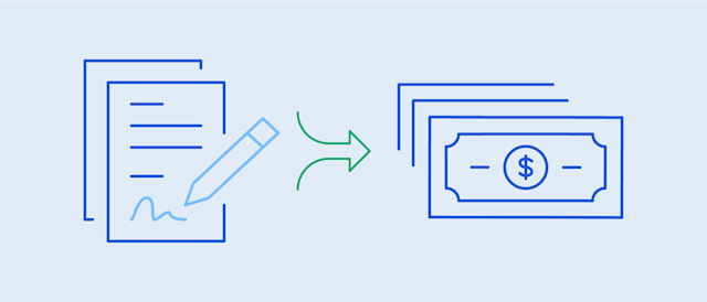 The image shows documents being turned into money, representing a financial transaction or agreement.