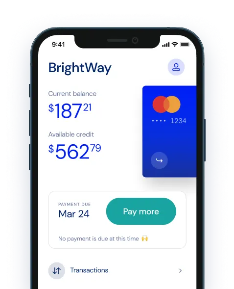 Brightway app on a phone showing current balance, available credit, and next payment info.