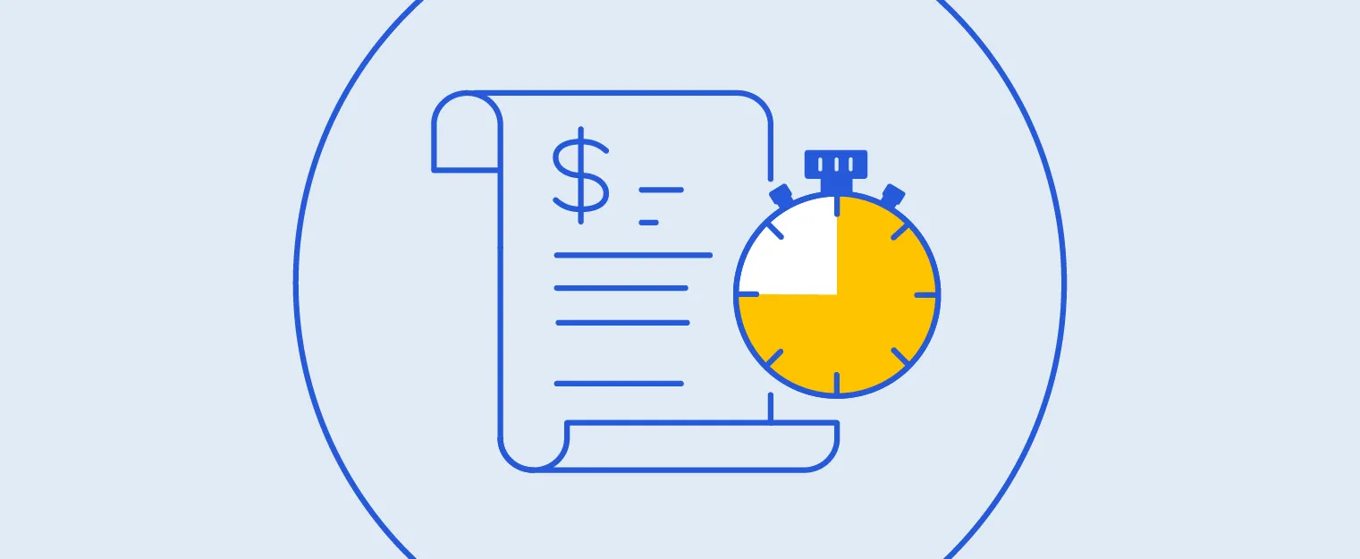 An illustration symbolizing short-term loans, featuring a stopwatch and a financial document with a dollar sign.