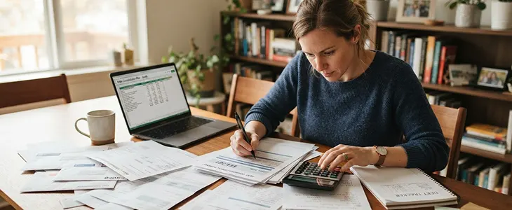 A woman reviewing bills and calculating payments for payday loan consolidation.