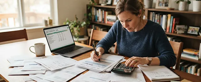 A woman reviewing bills and calculating payments for payday loan consolidation.