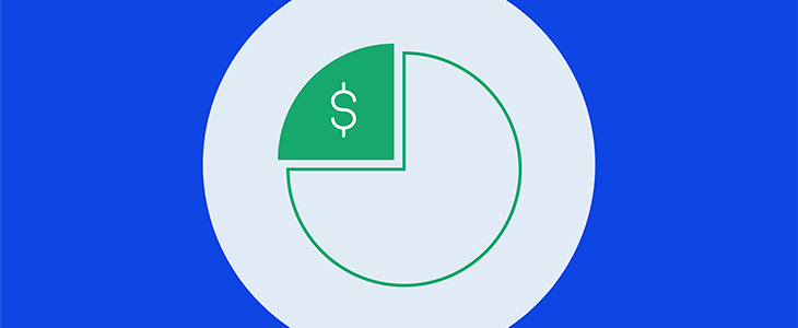 A pie chart with a highlighted dollar section representing a down payment.