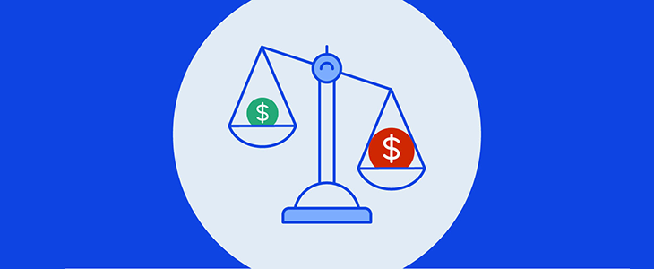 A visual showing a balance scale representing financial deficiency and debt.