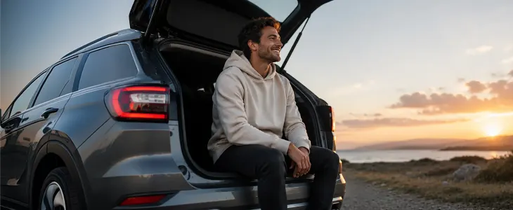 A man sitting in a car near the sea at sunset.