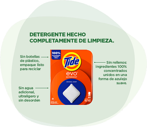 Detergente Tide EVO™: Detergente hecho completamente de limpieza. Sin botellas de plástico, empaque listo para reciclar. Sin agua adicional, ultraligero y sin desorden. Sin rellenos: ingredientes 100% concentrados unidos en una suave lámina.