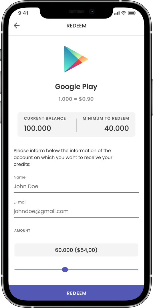 Image of a smartphone showing a redeem form from gold to real world credits for Google Play on the ExMox app.