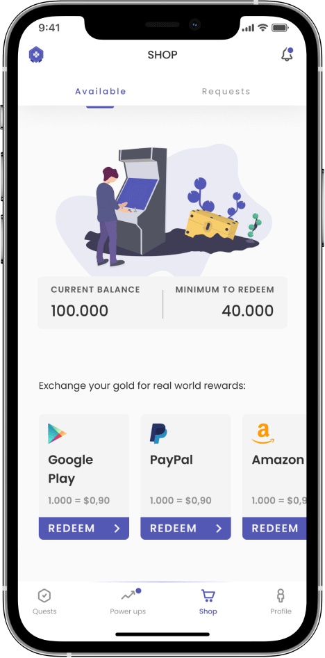 Imagem de um celular mostrando o saldo atual e opções para trocar o gold por dinheiro real através de opções como Google Play, PayPal e Amazon.