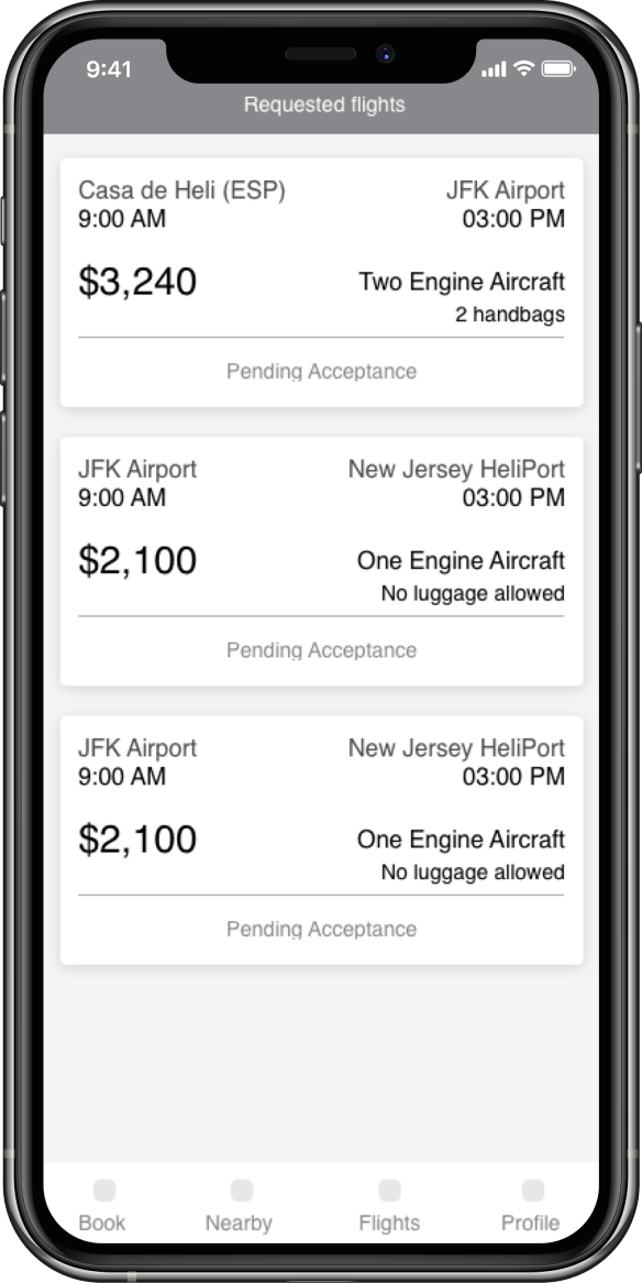 Image of a smartphone screen showing an example of a list of available flights containing aircrafts, departure and arrival times and prices