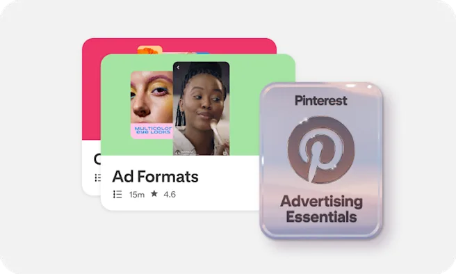 A thumbnail for an “Ad Formats” webinar next to a silver Pinterest Advertising Essentials badge.