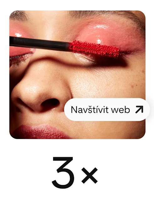 Pin zobrazuje ženu, která si nanáší červenou maskaru, s nápadným tlačítkem, jehož účelem je zvýšit množství návštěv webu.