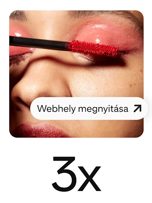 Piros szempillaspirált felvivő nőt ábrázoló pin kiemelkedő gombbal, amely a webhelylátogatások ösztönzésére szolgál.