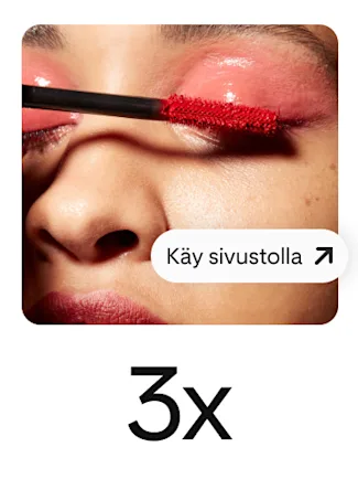 Pin-lisäyksessä on punaista ripsiväriä levittävä nainen ja painike, joka ohjaa vierailemaan sivustossa.