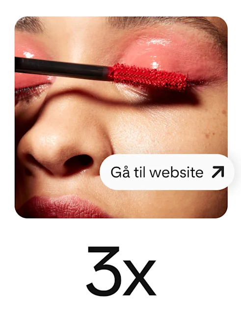 Pin viser kvinde, der lægger rød mascara, med en fremtrædende knap til at drive websitebesøg.