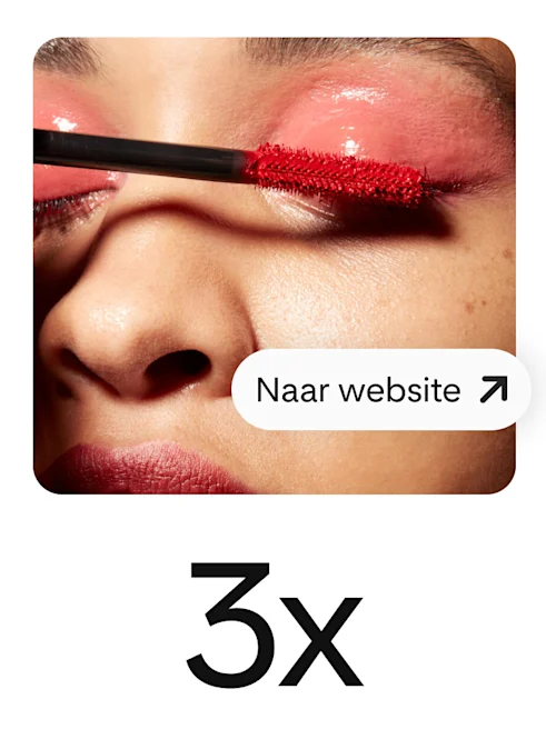De pin toont een vrouw die rode mascara aanbrengt, met een prominente knop om sitebezoeken te stimuleren.
