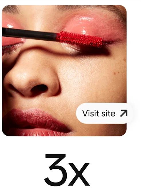 Pin shows woman applying red mascara, with a prominent button to drive site visits.