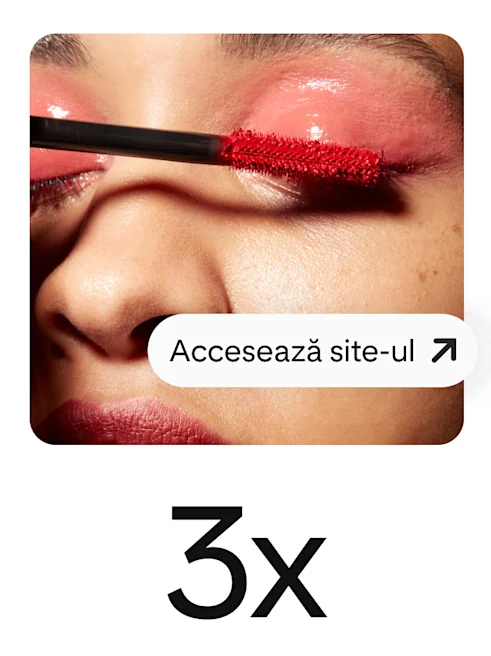 Pinul prezintă o femeie care aplică rimel roșu, cu un buton proeminent pentru a genera vizite pe site.