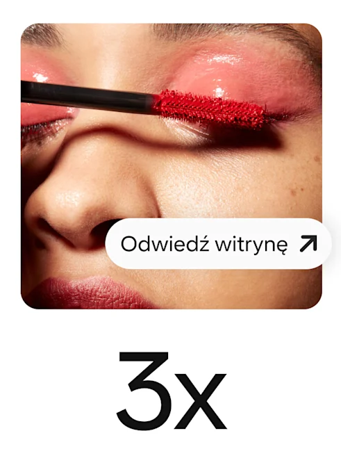 Pin przedstawiający kobietę nakładającą czerwony tusz do rzęs i widoczny przycisk zachęcający do odwiedzin witryny.