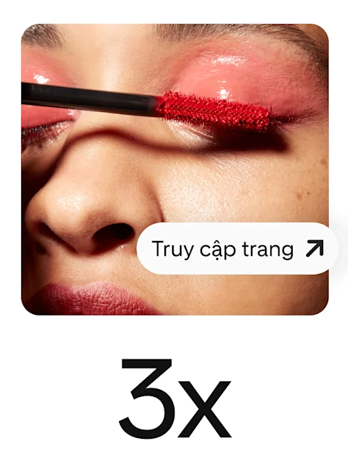 Ghim mô tả người phụ nữ chuốt mascara màu đỏ, có nút nổi bật để thu hút lượt truy cập trang.
