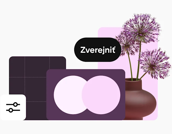 Koláž obrázkov je výrazne ladená do fialovej farby. Obsahuje ikonu nastavení, vázu s kvetmi, geometrické tvary a tlačidlo „Publikovať“.