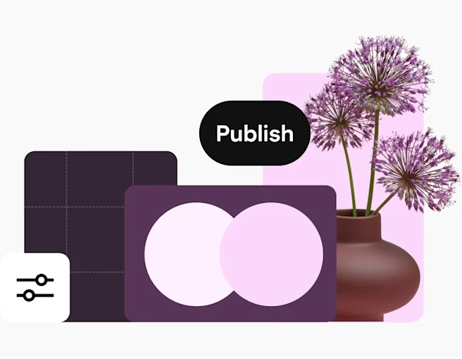 A collage of images heavily features purple. It includes a settings icon, a flower vase, geometric shapes and a “Publish” button.