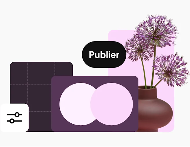 Un collage d’images à dominance violette. Il comprend une icône de paramètres, un vase de fleurs, des formes géométriques et un bouton « Publier ».