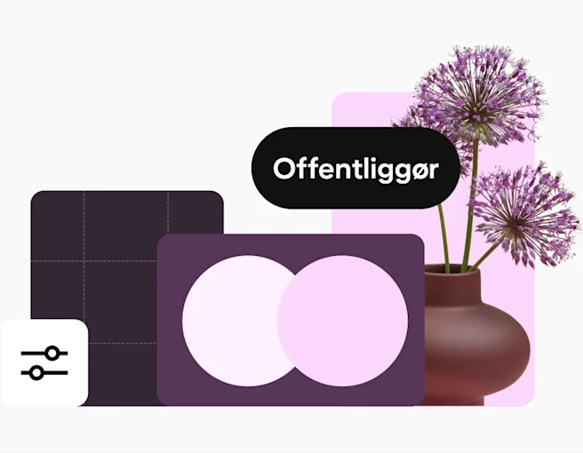 En collage af billeder med kraftig lilla farve. Det inkluderer et ikon for indstillinger, en blomstervase, geometriske former og en knap til at offentliggøre.