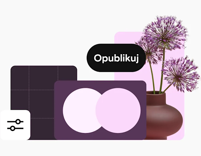 Kolaż obrazów z dominującym kolorem fioletowym. Zawiera ikonę ustawień, wazon z kwiatami, kształty geometryczne i przycisk „Publikuj”.
