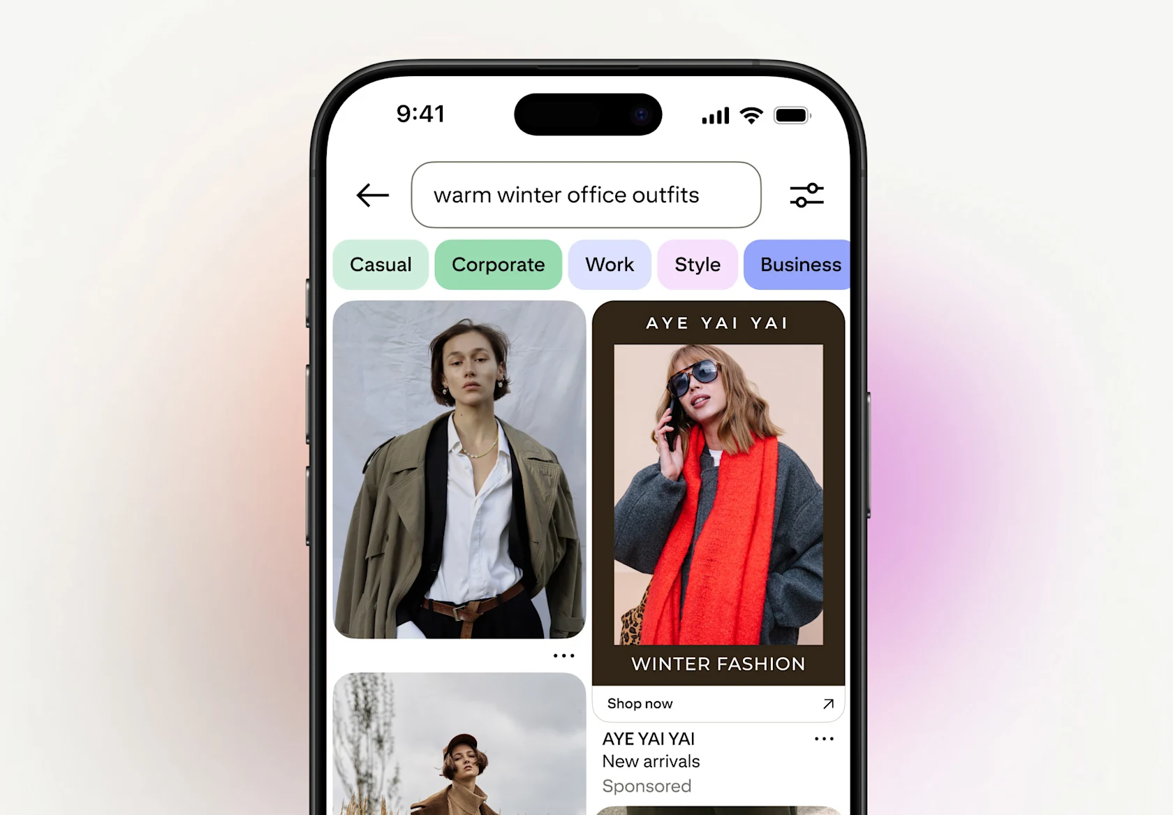 Smartphone screen showing a search for “warm winter office outfits,” with category chips (Casual, Corporate, Work, Style, Business) and fashion results, including a sponsored “Aye Yai Yai” winter fashion ad with a “Shop now” button.
