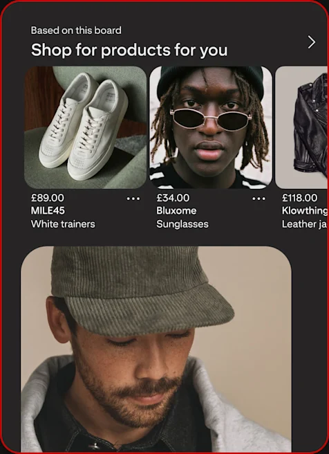 A Pinterest board shows personalised product recommendations for men’s streetwear