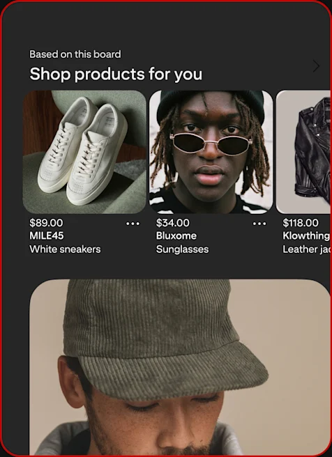A Pinterest board shows personalized product recommendations for men’s streetwear