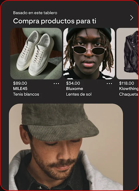Un tablero de Pinterest en el que se muestran recomendaciones personalizadas de productos de moda urbana masculina.