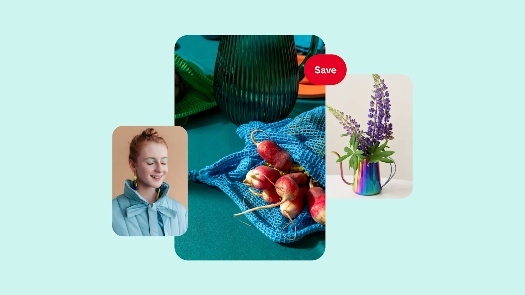 On a teal background, a collage of three images. To the left, a red-haired woman with blue eyeshadow and jacket. In the middle, a table with radishes and a water pitcher in the background. To the right, a bunch of purple flowers in a technicolor vase.