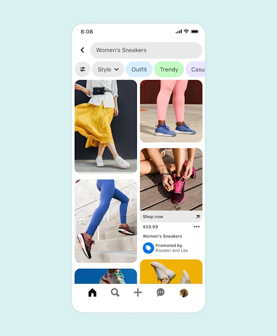 A Pinterest search for Women’s sneakers,” including an ad for Rooster and Lex sneakers.