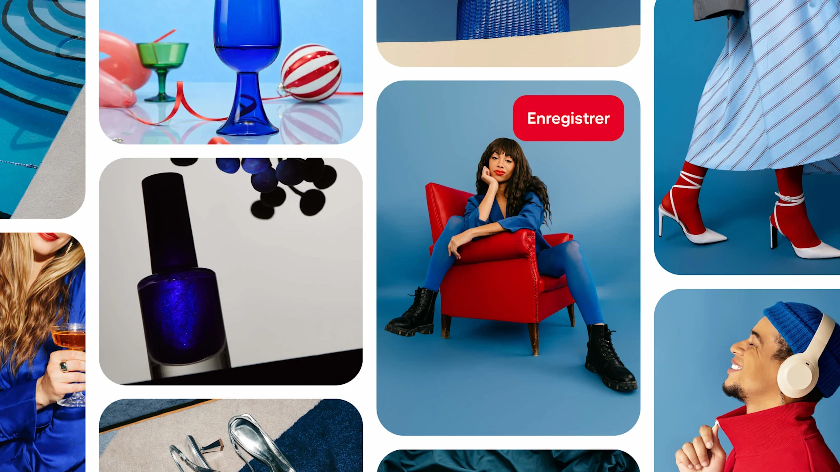 Tableau Pinterest présentant des Épingles mode et lifestyle en tons bleus et rouges : femme en bleu sur chaise rouge, vernis bleu marine, verrerie colorée, talons hauts et homme en pull rouge avec casque audio.