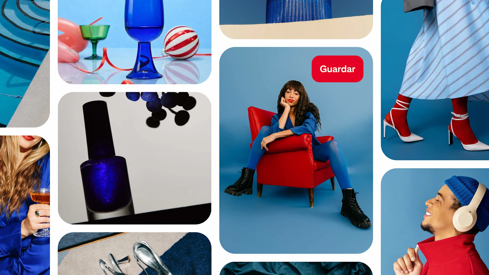 Tablero de Pinterest con Pines de moda y estilo de vida en tonos azules y rojos: mujer de azul en butaca roja, esmalte azul marino, cristalería de colores, tacones altos y hombre con suéter rojo y auriculares.