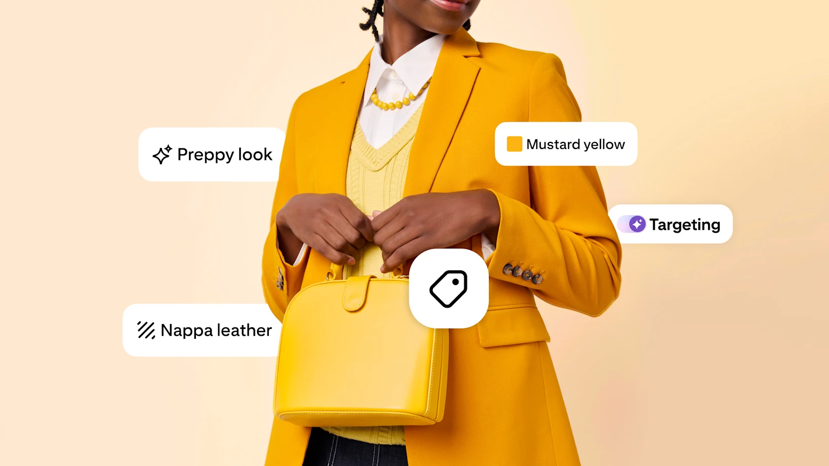 Woman in mustard yellow blazer holding yellow handbag with Pinterest interface tags showing 'Preppy look,' 'Mustard yellow,' 'Nappa leather' and 'Targeting'