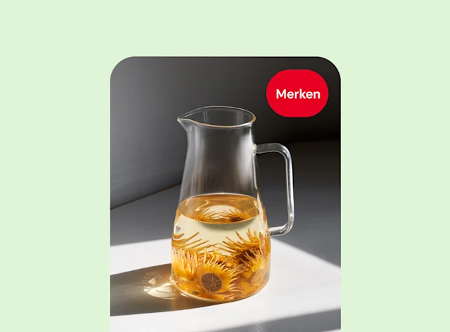 Pin eines Krugs mittig vor einem hellgrünen Hintergrund mit „Merken“-Schaltfläche oben rechts.