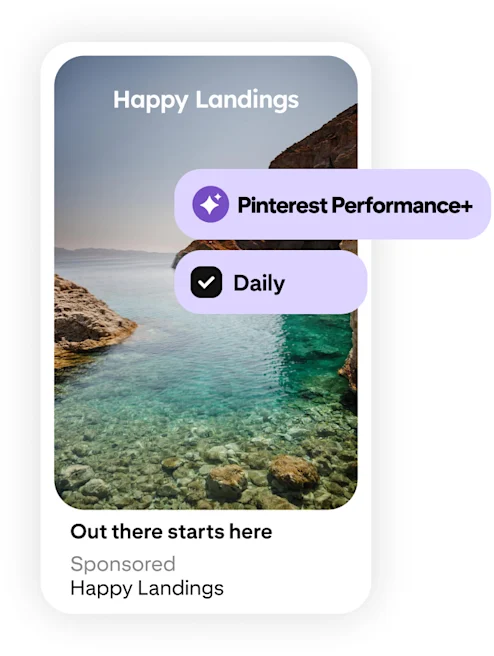 A travel ad features a beach cove with crystal-clear water