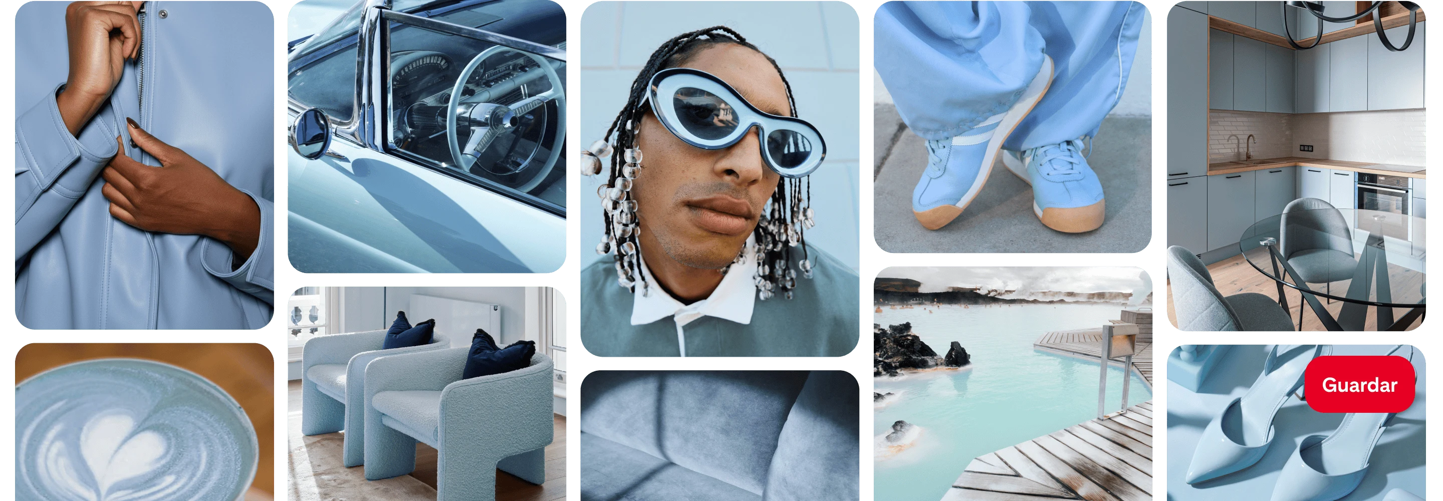 Una cuadrícula de Pines en la que aparecen diferentes artículos azules: un café con leche, un auto, sillas, zapatillas deportivas, tacones y alacenas de cocina.