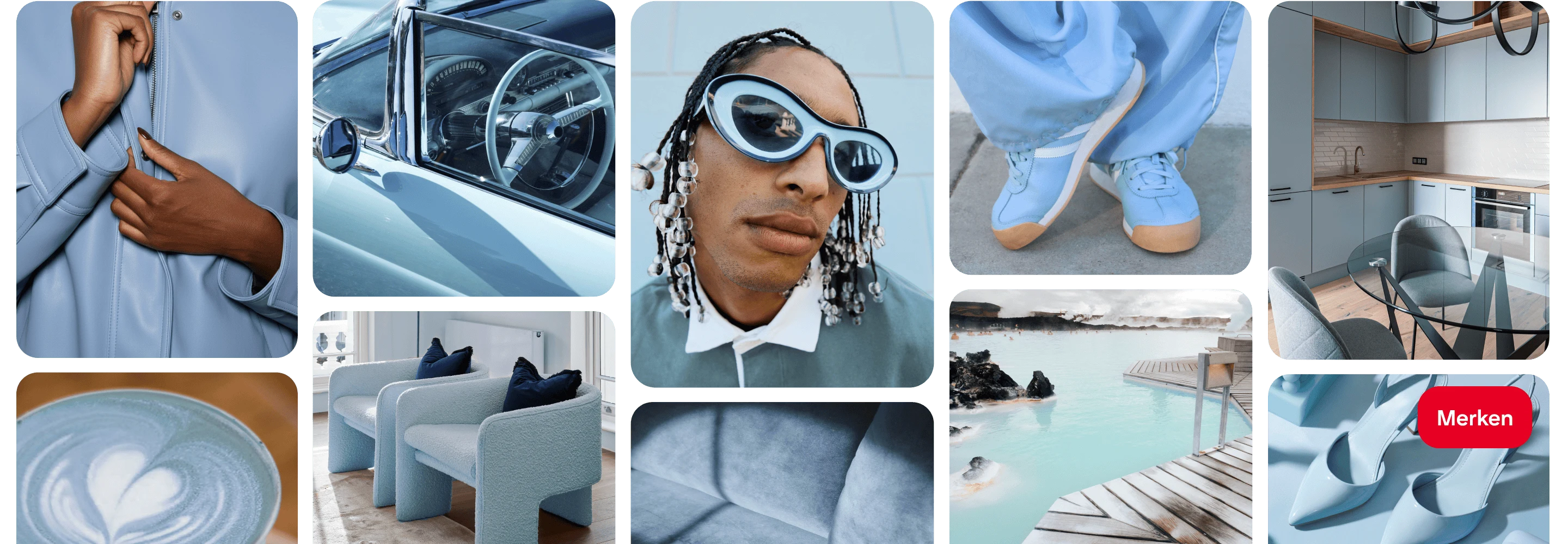 In einem Raster angeordnete Pins, die verschiedene blaue Artikel zeigen: Milchkaffee, Auto, Stühle, Sneaker, High Heels und Küchenschränke.