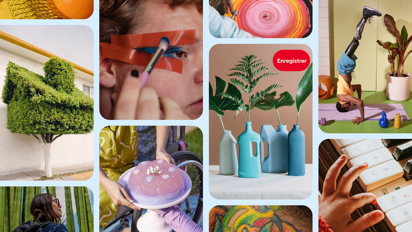 Une page d’accueil Pinterest avec une personne qui applique du maquillage, des plantes vertes dans des vases, une personne avec prothèse de jambe faisant une figure sur la tête, et plus.