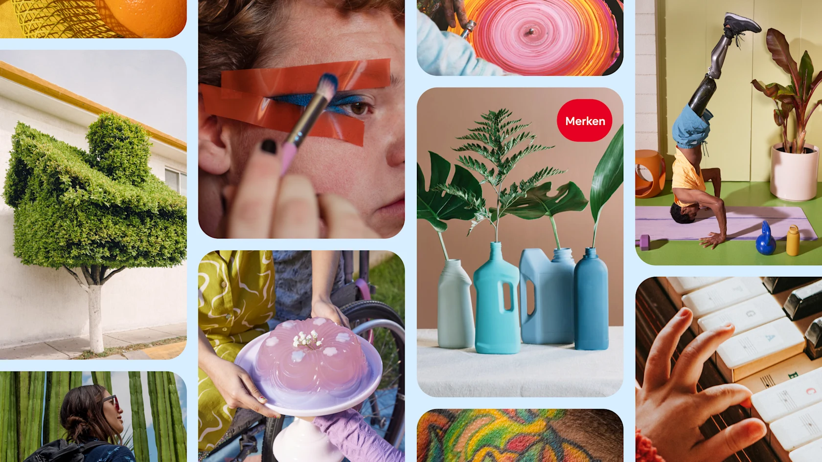 Ein Pinterest-Homefeed mit einer Person, die Make-up aufträgt, grünen Pflanzen in Vasen, einer Person mit Beinprothese im Handstand und mehr.