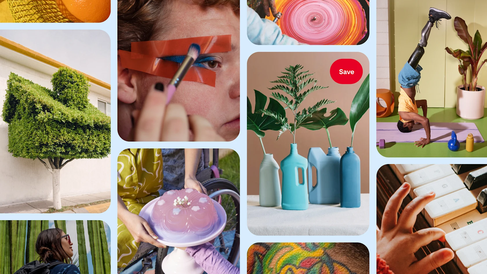 A Pinterest home feed featuring a person applying make up, green plants in vases, a person with prosthetic legs doing a head stand and more.