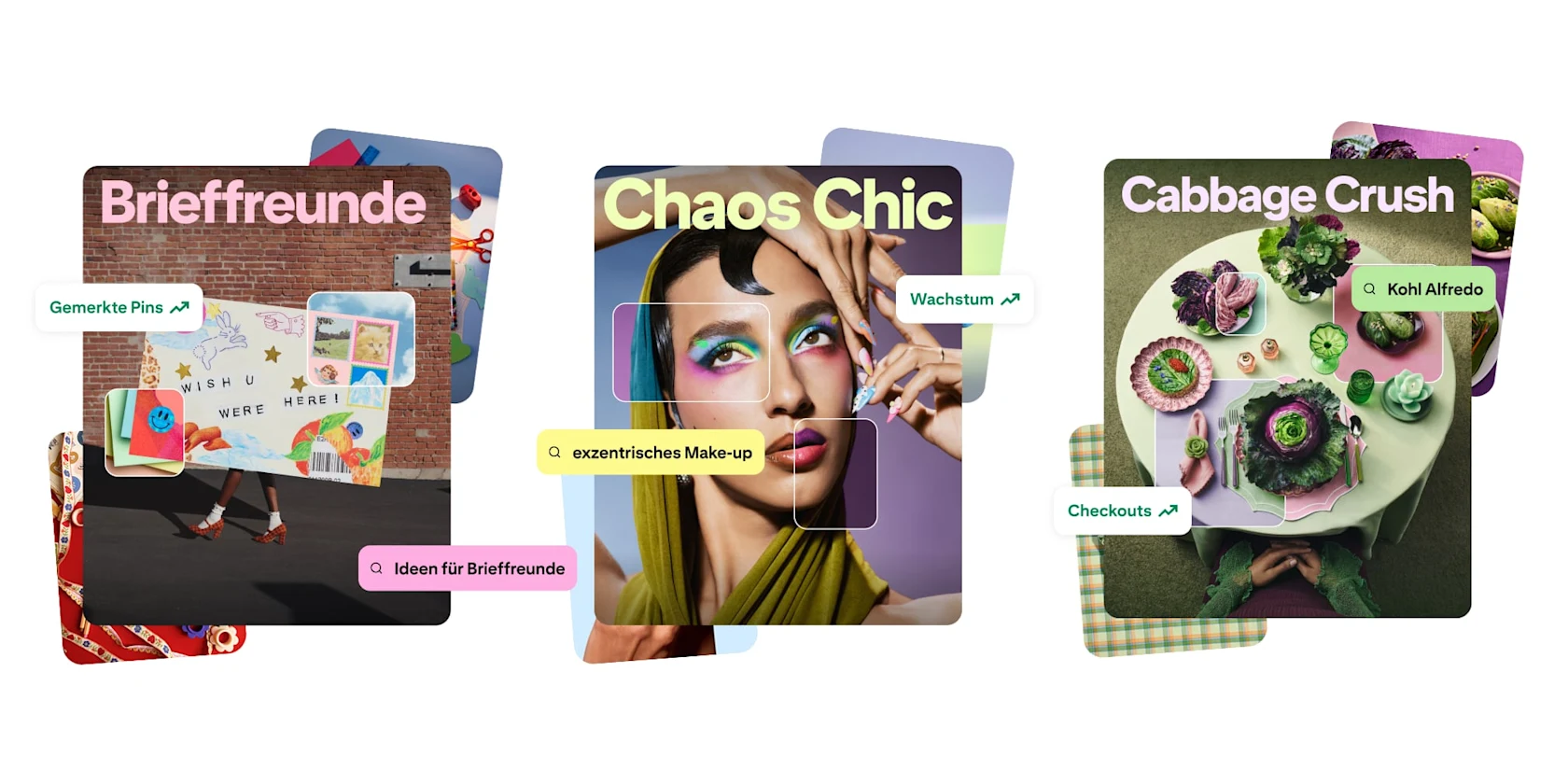 Übereinander gelegte Bilder und Beispiel-Suchanfragen für drei Trends sind zu sehen: „Brieffreunde“, „Chaos Chic“ und „Cabbage Crush“.