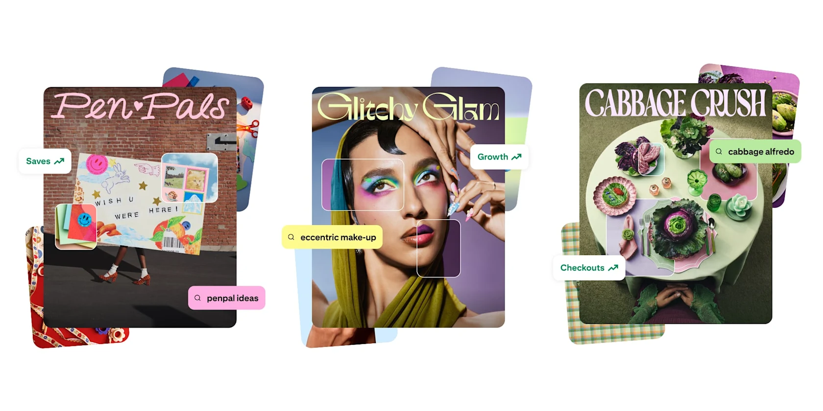 Layered images and example searches represent three trends: Pen Pals, Glitchy Glam and Cabbage Crush