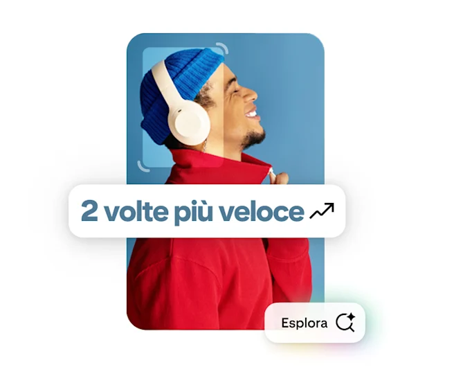 Pin con un uomo che indossa un cappello blu e delle cuffie bianche. Appaiono anche sovrapposti i testi "2X faster" ed "explore".