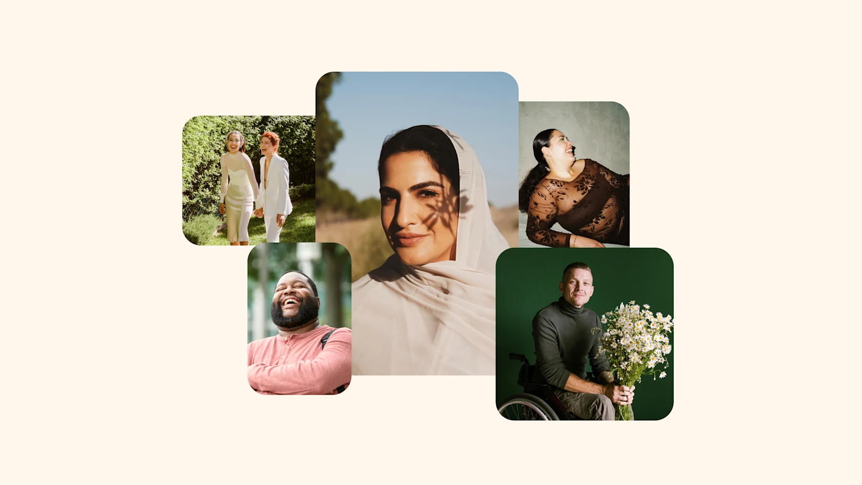 A collage showing multiple people, features a mix of people from different backgrounds, physical abilities and appearances.