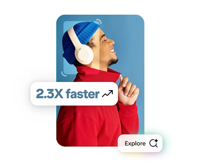 A Pin showing a man wearing a blue hat and white headphones. The words “2.3X faster” and “explore” also appear overlaid.